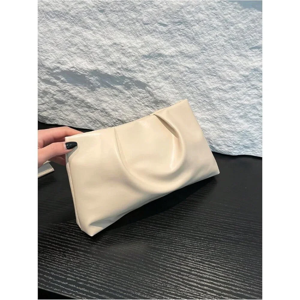 Women's Beige PU Leather Small Zipper Ruched Minimalist Smooth Casual Handbag